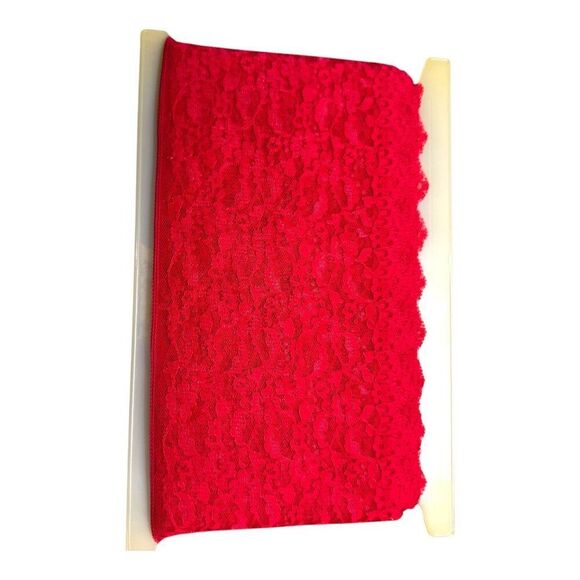 Vintage Large LOT Thick Wide Red Floral Lace Trim Fabric - 5.5" Scallop Lingerie - Picture 2 of 4